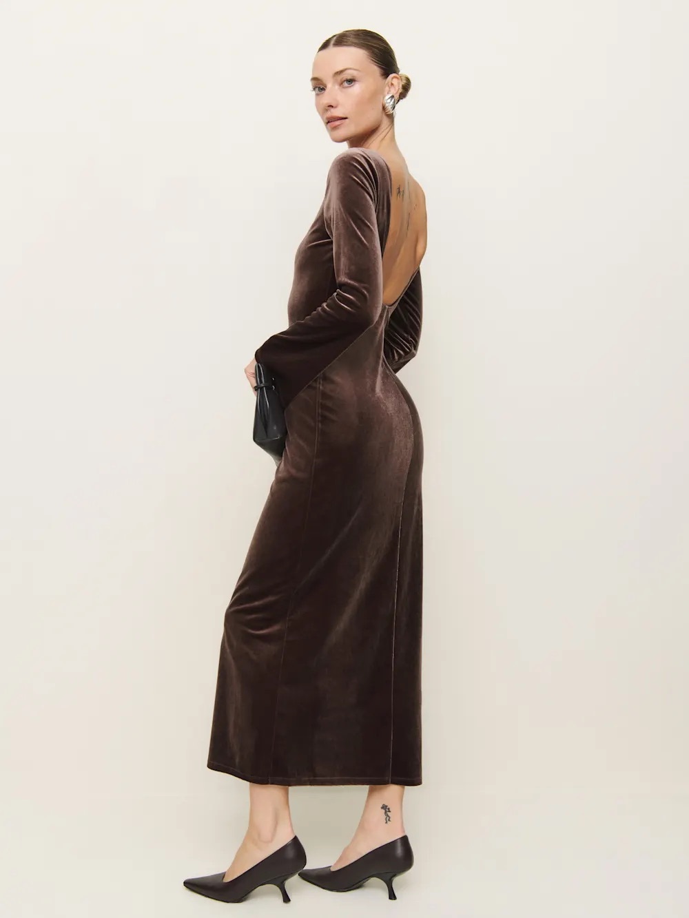 Reformation Delphina Mushroom Brown Velvet Long-Sleeve Midi Dress - Picture 2 of 6